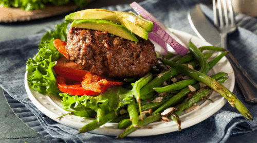 paleo dinner burger patty and veggies featured