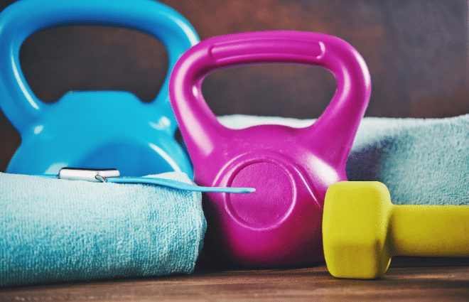 dumbbell, kettlebells, and other workout equipment